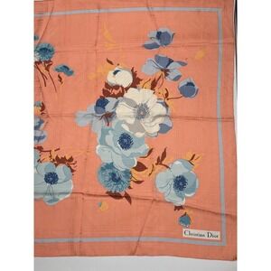 Christian Dior Vintage Silk Scarf Coral Pink Blue Floral Plaid Jacquard 30x30